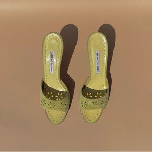 SOLD Vintage Manolo Blahnik Green suede Laser cut mule heels